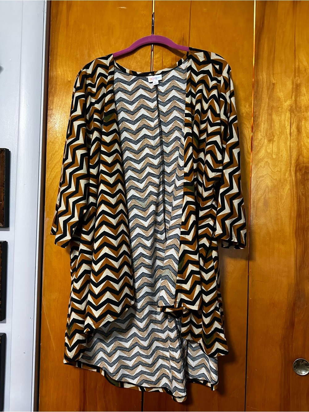 LuLaRoe Asymmetrical Chevron Open-Front Dress in Black and Tan